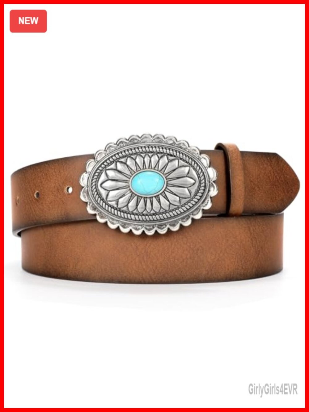 Western Leather Belt with Turquoise Concho Buckle Cowgirl Accessory